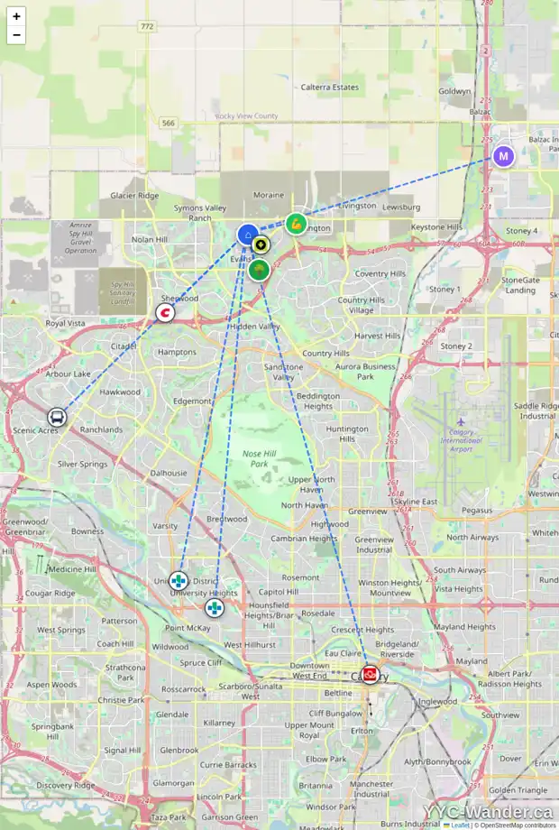 Daily accessibility map for 19 EVANSFIELD RI NW, Calgary showing nearby schools, grocery stores, parks, LRT stations and nearby amenities