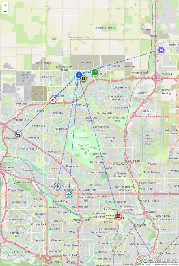 Daily accessibility map for 866 EVANSTON DR NW, Calgary showing nearby schools, grocery stores, parks, LRT stations and nearby amenities