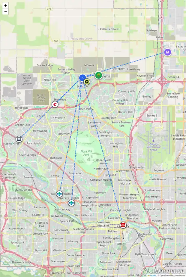 Daily accessibility map for 890 EVANSTON DR NW, Calgary showing nearby schools, grocery stores, parks, LRT stations and nearby amenities