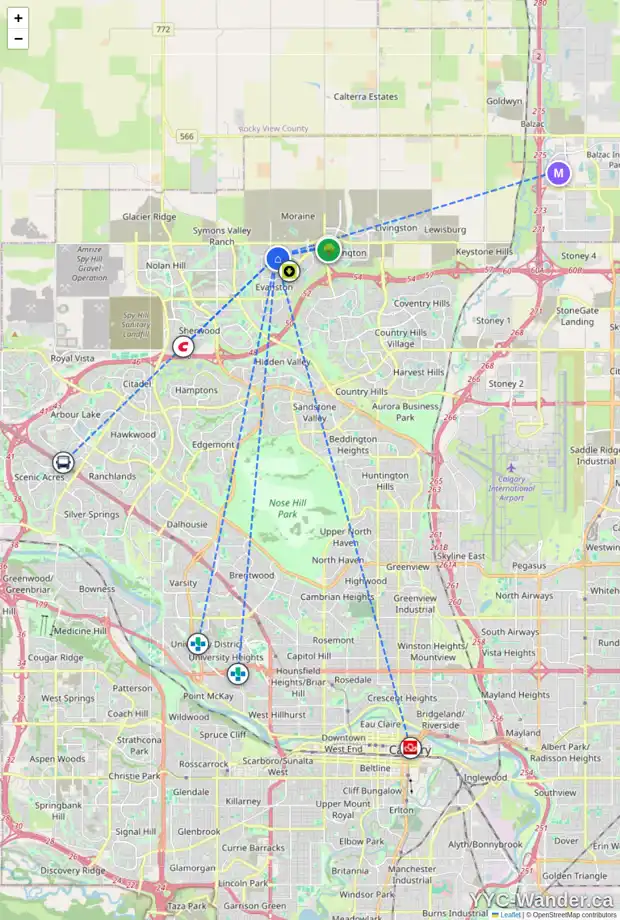 Daily accessibility map for 920 EVANSTON DR NW, Calgary showing nearby schools, grocery stores, parks, LRT stations and nearby amenities