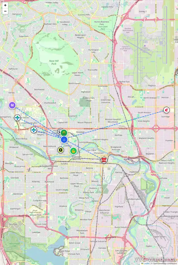 Daily accessibility map for 1 1760 8 AV NW, Calgary showing nearby schools, grocery stores, parks, LRT stations and nearby amenities