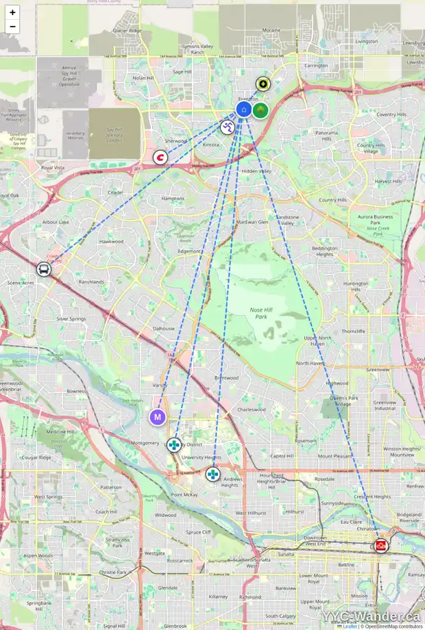 Daily accessibility map for 51 EVANSVIEW GD NW, Calgary showing nearby schools, grocery stores, parks, LRT stations and nearby amenities