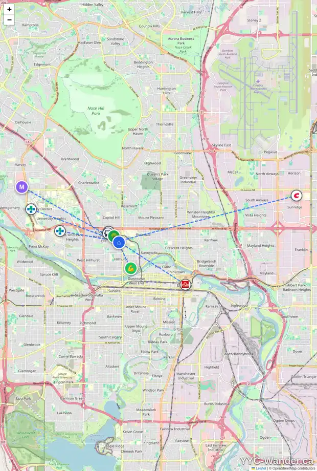 Daily accessibility map for 1613 11 AV NW, Calgary showing nearby schools, grocery stores, parks, LRT stations and nearby amenities