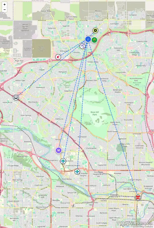 Daily accessibility map for 176 EVANSVIEW GD NW, Calgary showing nearby schools, grocery stores, parks, LRT stations and nearby amenities