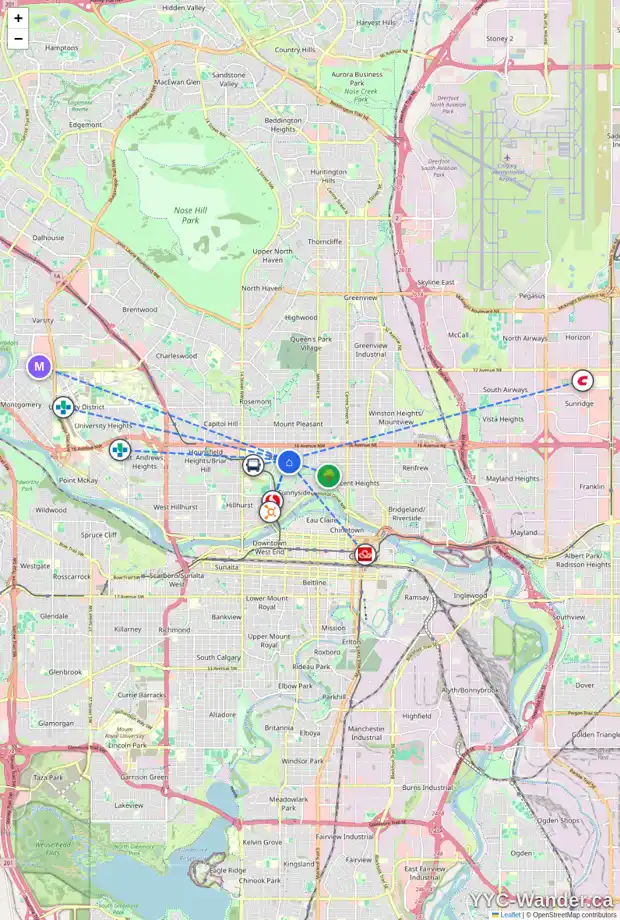 Daily accessibility map for 1402 8 ST NW, Calgary showing nearby schools, grocery stores, parks, LRT stations and nearby amenities