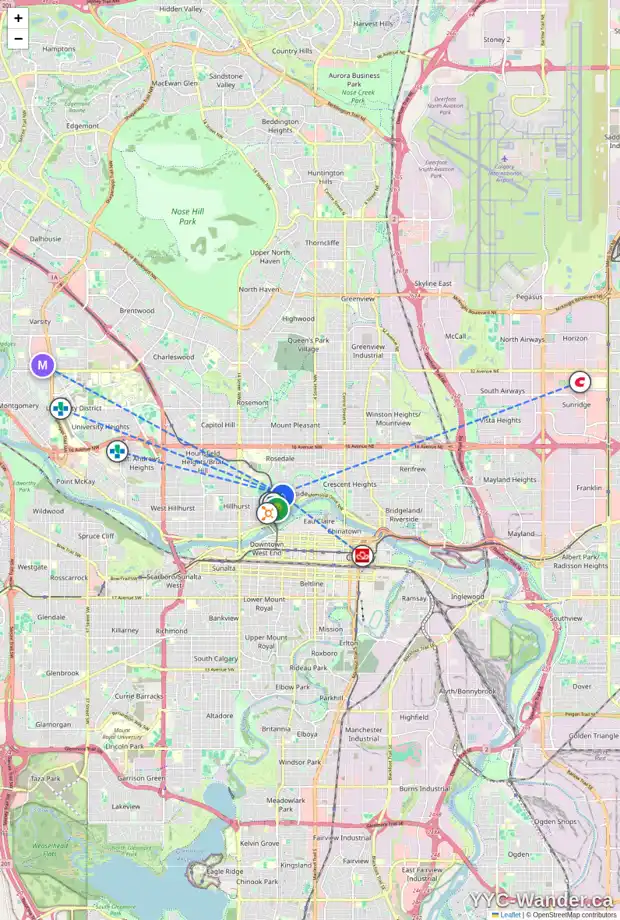Daily accessibility map for 815 4 AV NW, Calgary showing nearby schools, grocery stores, parks, LRT stations and nearby amenities