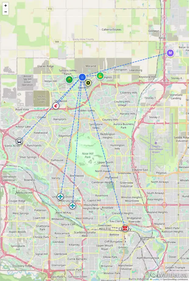 Daily accessibility map for 87 EVANSBOROUGH CR NW, Calgary showing nearby schools, grocery stores, parks, LRT stations and nearby amenities