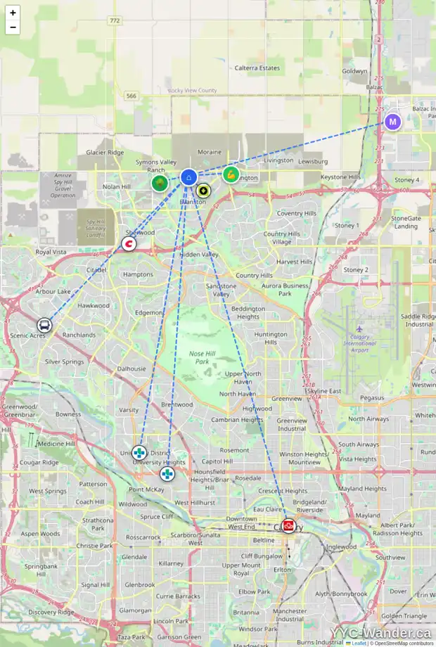 Daily accessibility map for 76 EVANSBOROUGH WY NW, Calgary showing nearby schools, grocery stores, parks, LRT stations and nearby amenities