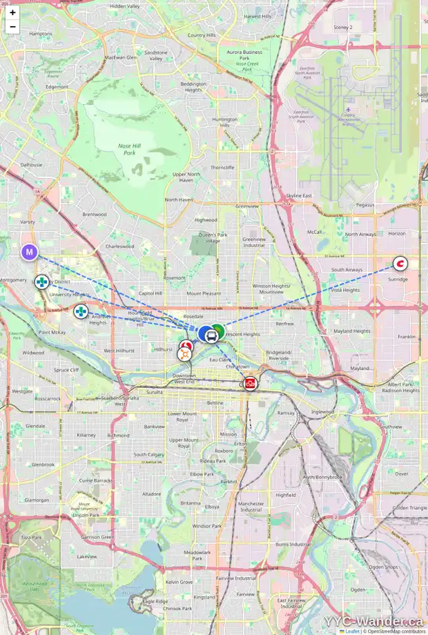 Daily accessibility map for 626 3 AV NW, Calgary showing nearby schools, grocery stores, parks, LRT stations and nearby amenities