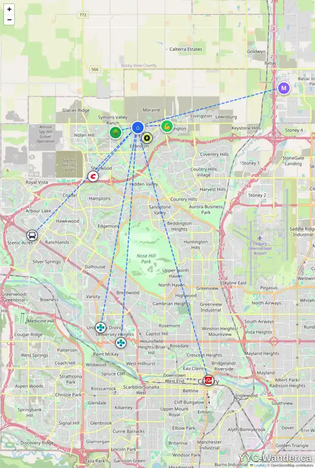 Daily accessibility map for 114 EVANSBOROUGH CR NW, Calgary showing nearby schools, grocery stores, parks, LRT stations and nearby amenities