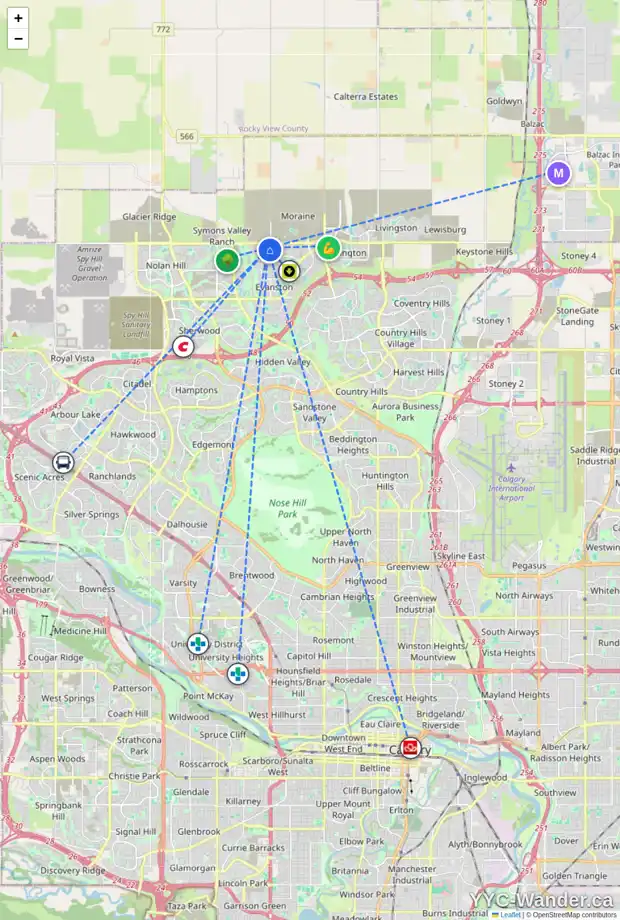 Daily accessibility map for 127 EVANSBOROUGH CR NW, Calgary showing nearby schools, grocery stores, parks, LRT stations and nearby amenities