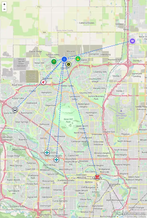Daily accessibility map for 126 EVANSBOROUGH CR NW, Calgary showing nearby schools, grocery stores, parks, LRT stations and nearby amenities
