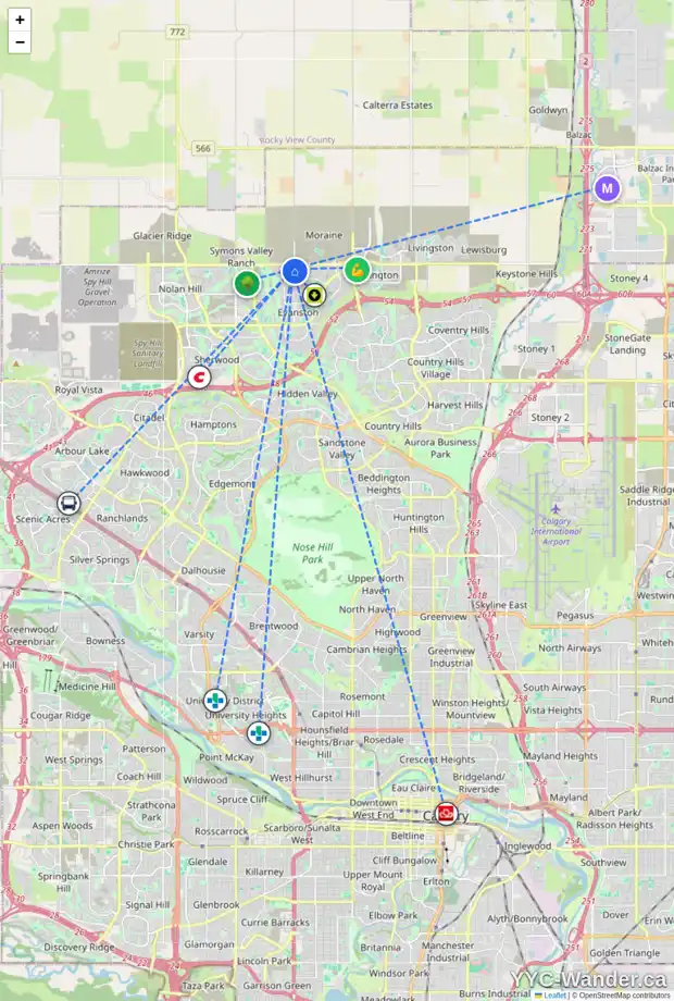 Daily accessibility map for 138 EVANSBOROUGH CR NW, Calgary showing nearby schools, grocery stores, parks, LRT stations and nearby amenities