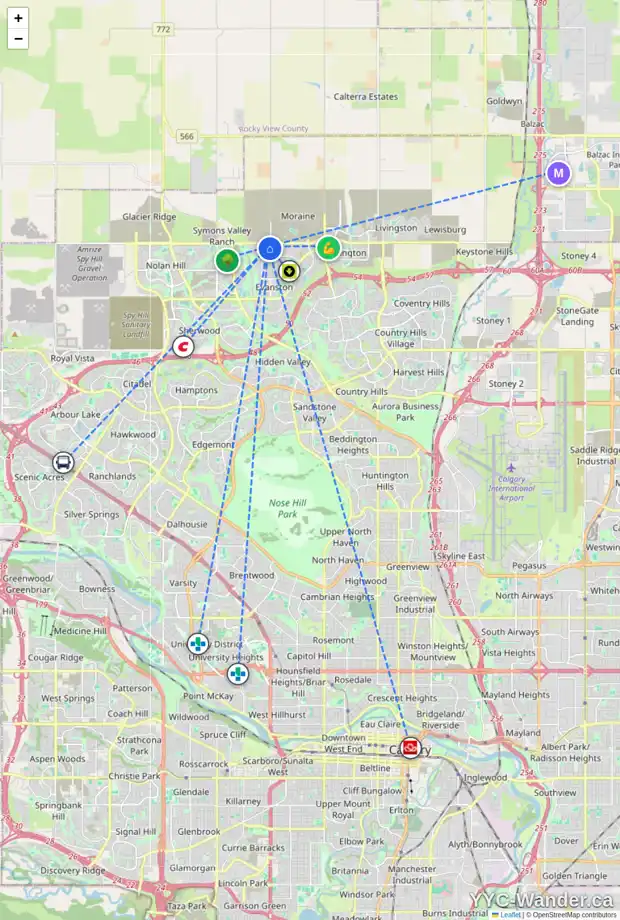 Daily accessibility map for 143 EVANSBOROUGH CR NW, Calgary showing nearby schools, grocery stores, parks, LRT stations and nearby amenities