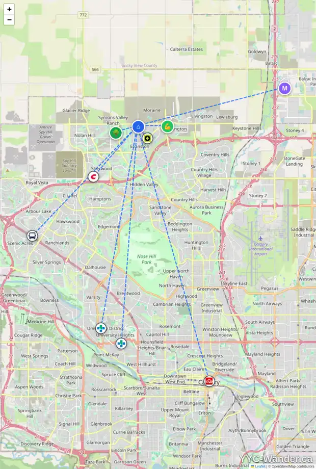 Daily accessibility map for 144 EVANSBOROUGH CR NW, Calgary showing nearby schools, grocery stores, parks, LRT stations and nearby amenities