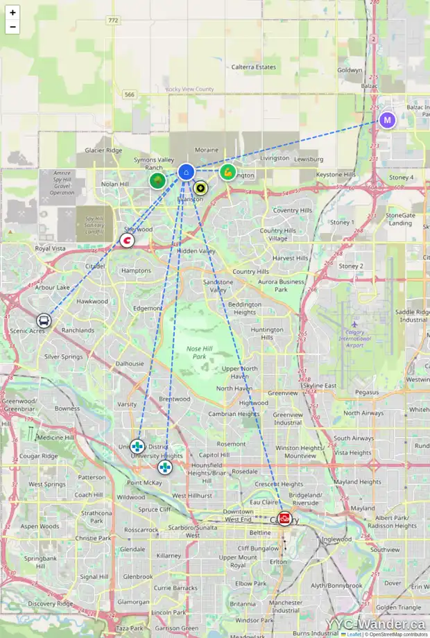 Daily accessibility map for 136 EVANSBOROUGH WY NW, Calgary showing nearby schools, grocery stores, parks, LRT stations and nearby amenities