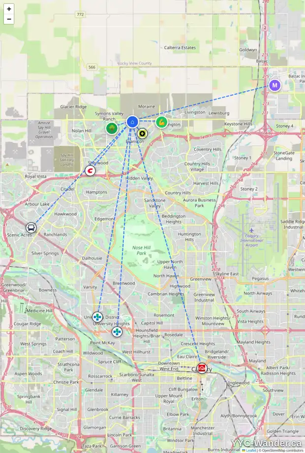 Daily accessibility map for 167 EVANSBOROUGH CR NW, Calgary showing nearby schools, grocery stores, parks, LRT stations and nearby amenities