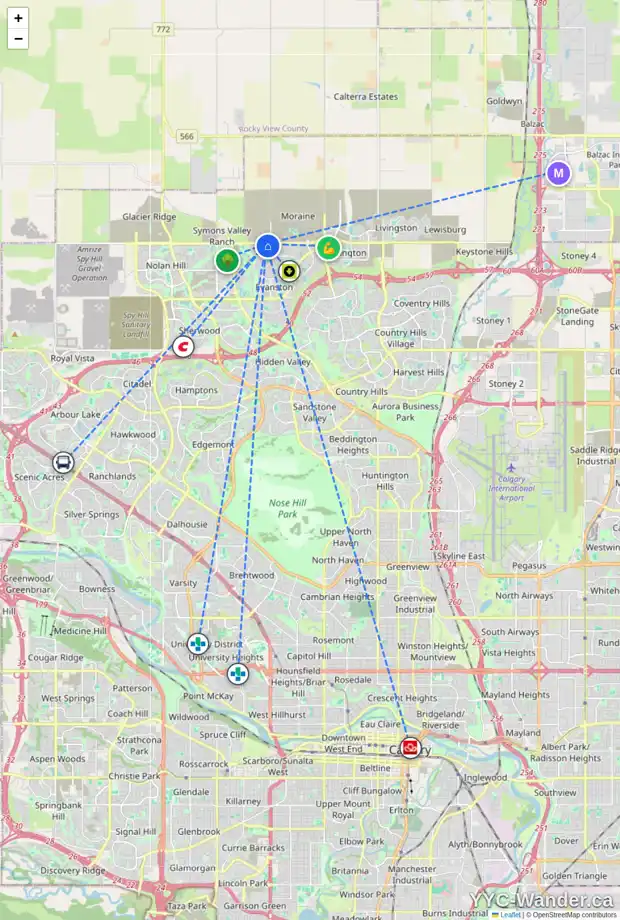Daily accessibility map for 208 EVANSBOROUGH CR NW, Calgary showing nearby schools, grocery stores, parks, LRT stations and nearby amenities