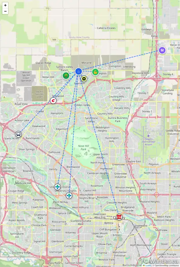 Daily accessibility map for 180 EVANSBOROUGH CR NW, Calgary showing nearby schools, grocery stores, parks, LRT stations and nearby amenities