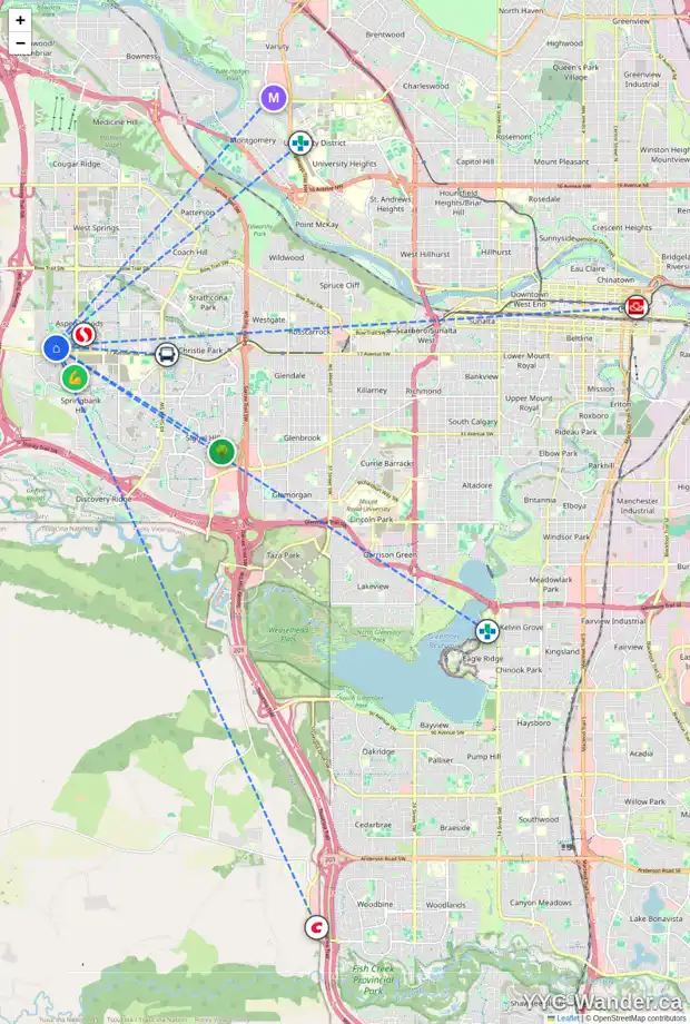 Daily accessibility map for 16 ASPEN HILLS GR SW, Calgary showing nearby schools, grocery stores, parks, LRT stations and nearby amenities