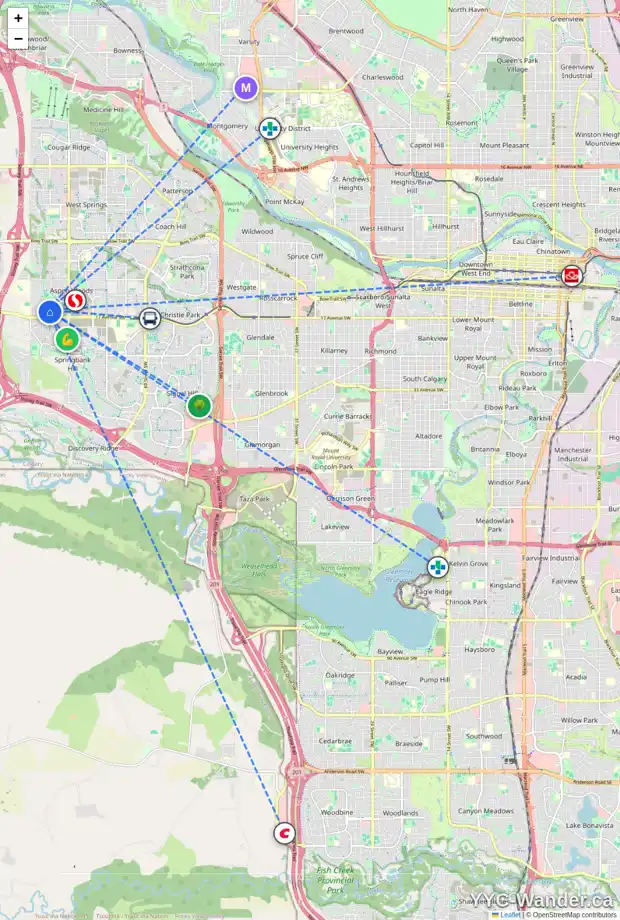 Daily accessibility map for 51 ASPEN HILLS CM SW, Calgary showing nearby schools, grocery stores, parks, LRT stations and nearby amenities