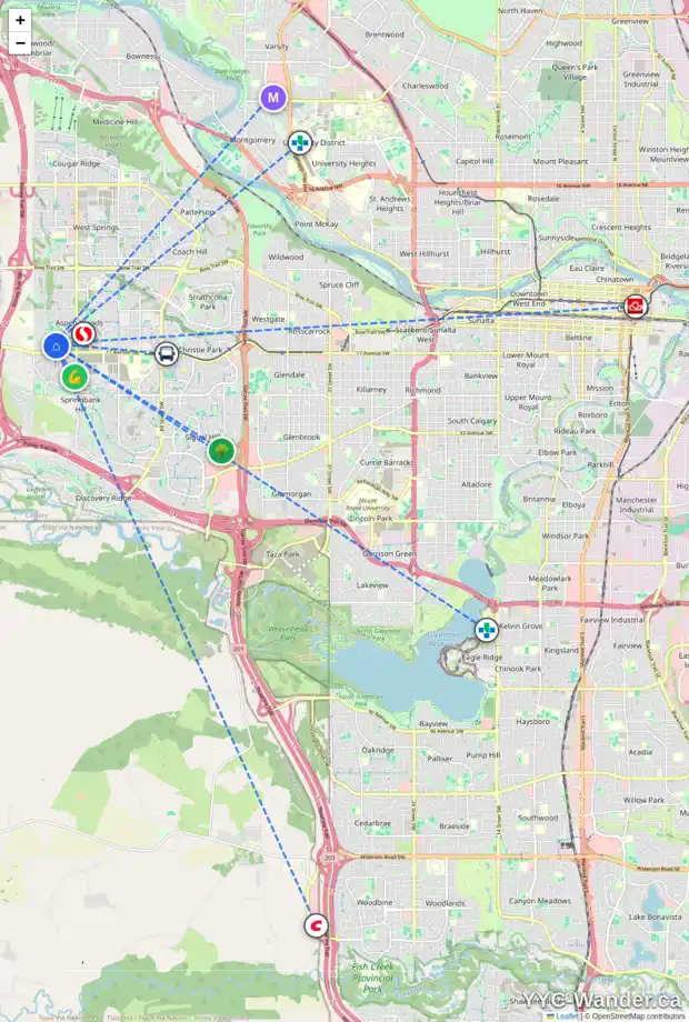 Daily accessibility map for 49 ASPEN HILLS CM SW, Calgary showing nearby schools, grocery stores, parks, LRT stations and nearby amenities