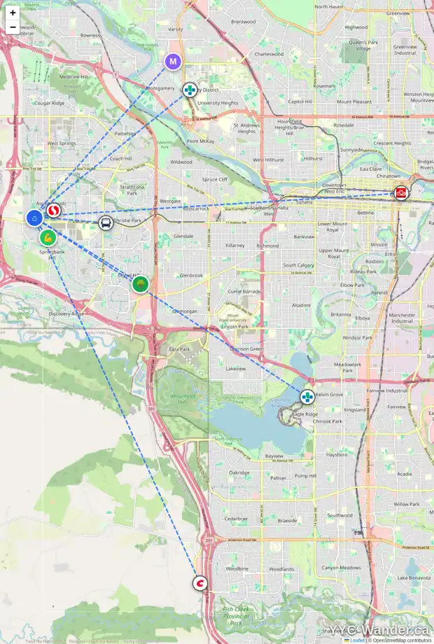 Daily accessibility map for 67 ASPEN HILLS CM SW, Calgary showing nearby schools, grocery stores, parks, LRT stations and nearby amenities