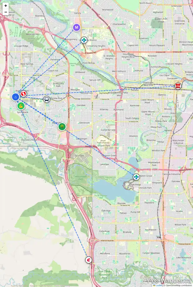 Daily accessibility map for 41 ASPEN HILLS CM SW, Calgary showing nearby schools, grocery stores, parks, LRT stations and nearby amenities