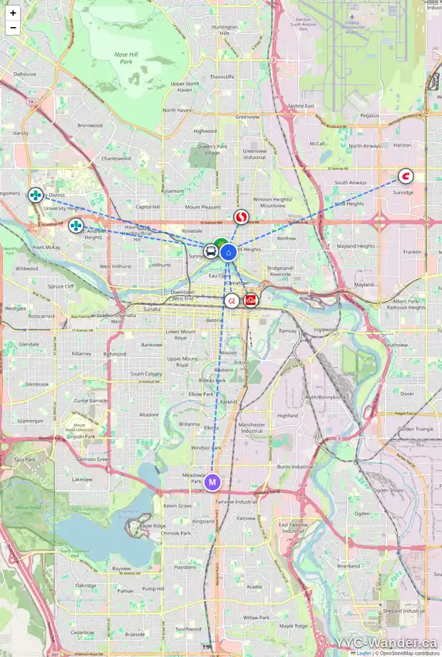 Daily accessibility map for 240 CRESCENT RD NW, Calgary showing nearby schools, grocery stores, parks, LRT stations and nearby amenities