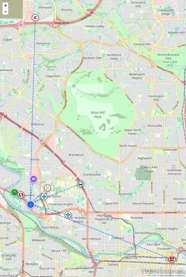Daily accessibility map for 4538 17 AV NW, Calgary showing nearby schools, grocery stores, parks, LRT stations and nearby amenities