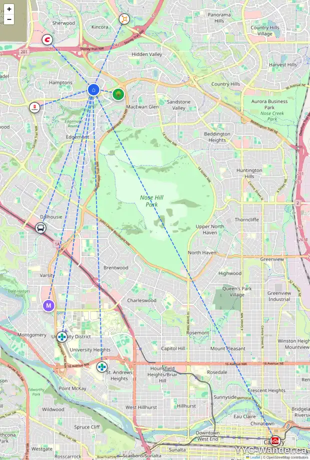 Daily accessibility map for 285 HAMPSTEAD RD NW, Calgary showing nearby schools, grocery stores, parks, LRT stations and nearby amenities
