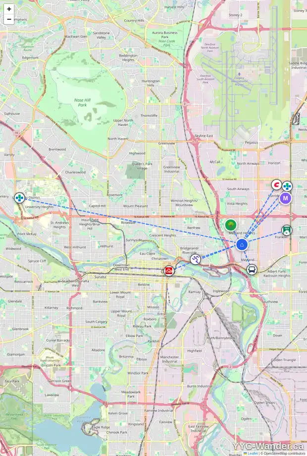 Daily accessibility map for 524 MARKERVILLE RD NE, Calgary showing nearby schools, grocery stores, parks, LRT stations and nearby amenities