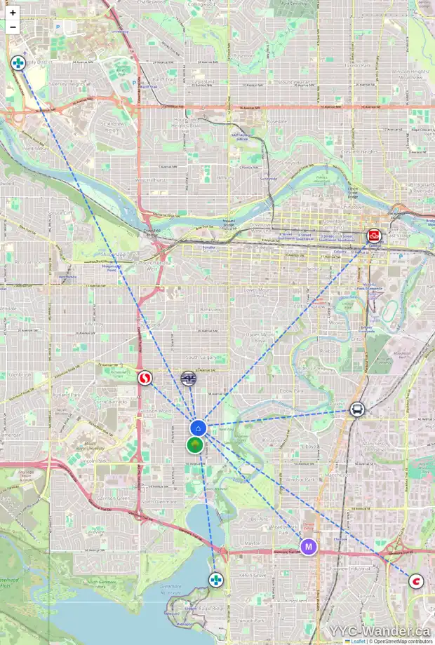 Daily accessibility map for 4412 17 ST SW, Calgary showing nearby schools, grocery stores, parks, LRT stations and nearby amenities