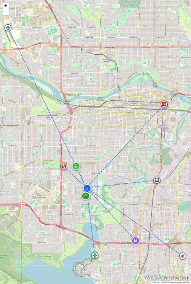 Daily accessibility map for 4410 17 ST SW, Calgary showing nearby schools, grocery stores, parks, LRT stations and nearby amenities
