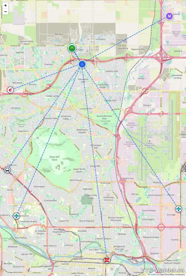 Daily accessibility map for 26 PANTON BA NW, Calgary showing nearby schools, grocery stores, parks, LRT stations and nearby amenities