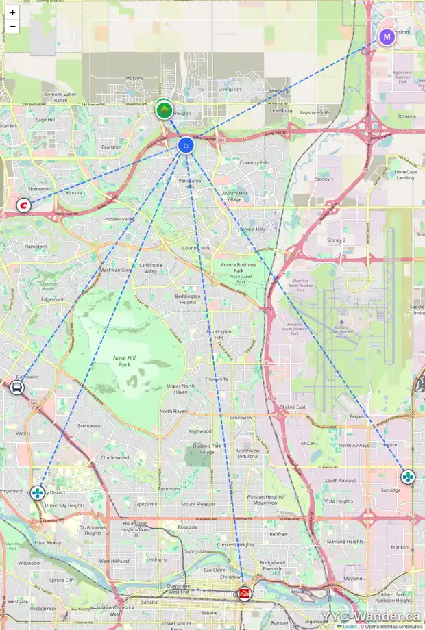 Daily accessibility map for 6 PANTON BA NW, Calgary showing nearby schools, grocery stores, parks, LRT stations and nearby amenities