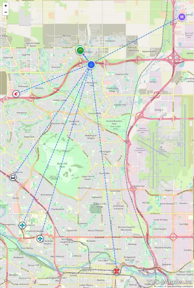 Daily accessibility map for 199 PANTON RD NW, Calgary showing nearby schools, grocery stores, parks, LRT stations and nearby amenities