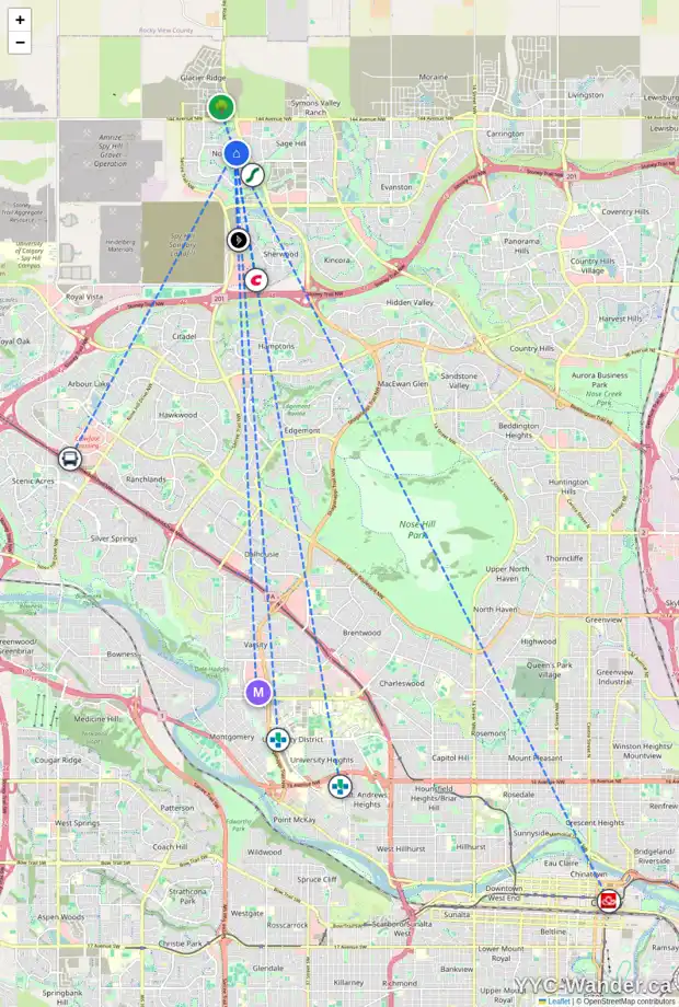 Daily accessibility map for 353 NOLANFIELD WY NW, Calgary showing nearby schools, grocery stores, parks, LRT stations and nearby amenities