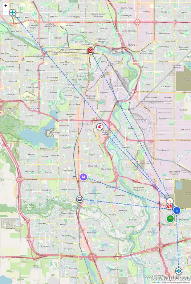 Daily accessibility map for 20 NEW BRIGHTON PT SE, Calgary showing nearby schools, grocery stores, parks, LRT stations and nearby amenities