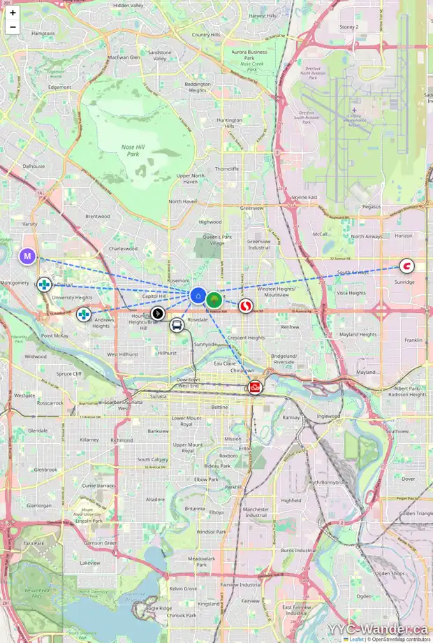 Daily accessibility map for 918 21 AV NW, Calgary showing nearby schools, grocery stores, parks, LRT stations and nearby amenities