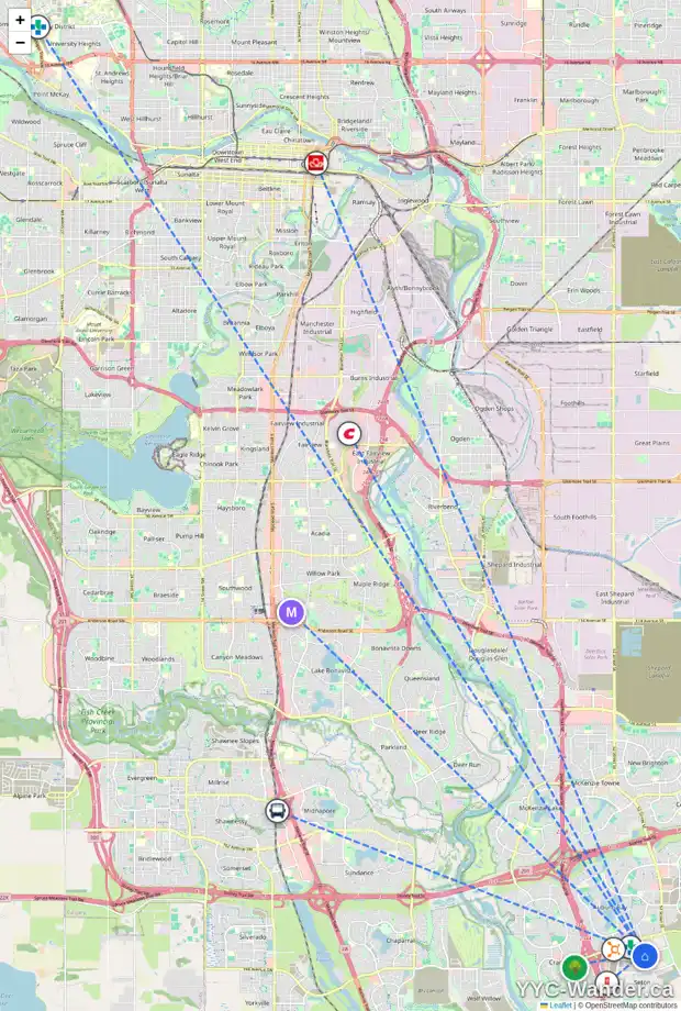 Daily accessibility map for 4485 FRONT ST SE, Calgary showing nearby schools, grocery stores, parks, LRT stations and nearby amenities