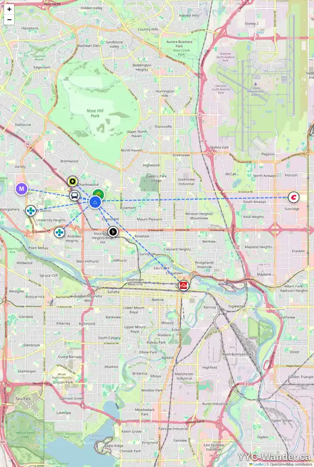 Daily accessibility map for 2727 COCHRANE RD NW, Calgary showing nearby schools, grocery stores, parks, LRT stations and nearby amenities