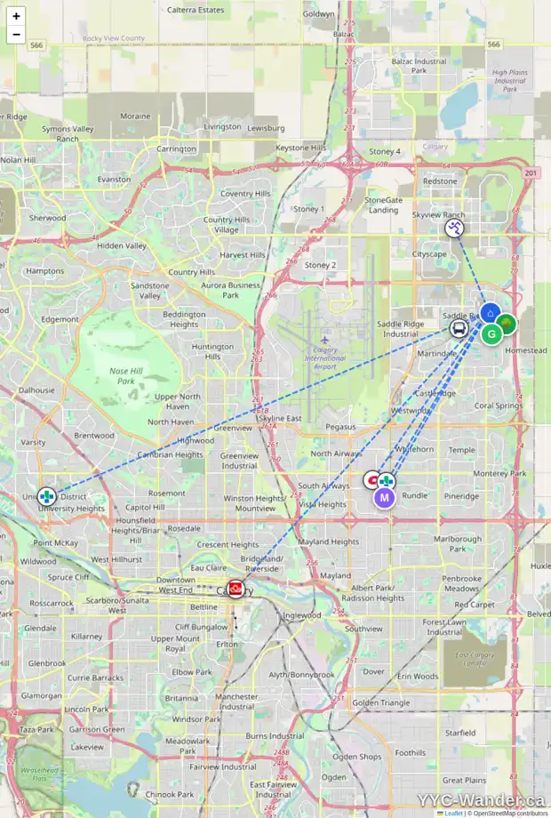 Daily accessibility map for 62 SADDLELAKE VW NE, Calgary showing nearby schools, grocery stores, parks, LRT stations and nearby amenities