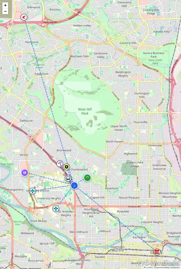 Daily accessibility map for 9 CRESTON CR NW, Calgary showing nearby schools, grocery stores, parks, LRT stations and nearby amenities