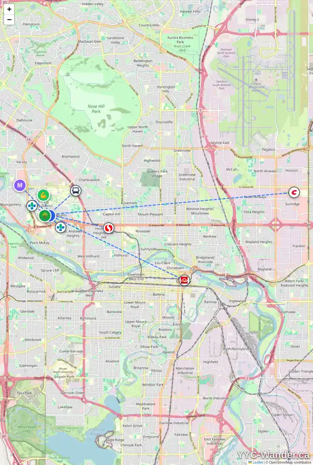 Daily accessibility map for 3743 UTAH DR NW, Calgary showing nearby schools, grocery stores, parks, LRT stations and nearby amenities