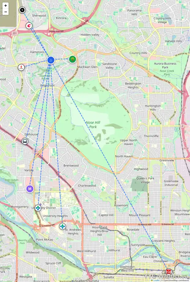Daily accessibility map for 86 HAMPSTEAD HL NW, Calgary showing nearby schools, grocery stores, parks, LRT stations and nearby amenities