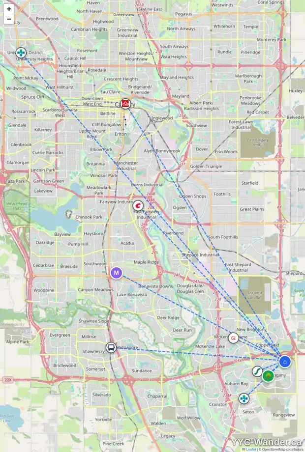 Daily accessibility map for 420 MAHOGANY BV SE, Calgary showing nearby schools, grocery stores, parks, LRT stations and nearby amenities