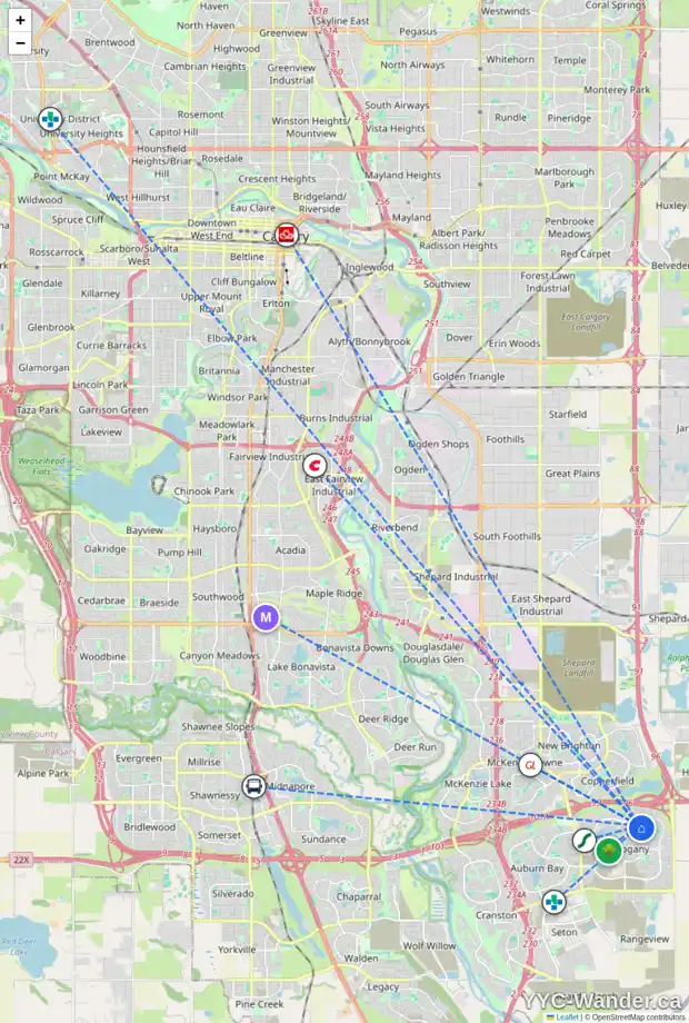 Daily accessibility map for 107 MARQUIS GV SE, Calgary showing nearby schools, grocery stores, parks, LRT stations and nearby amenities