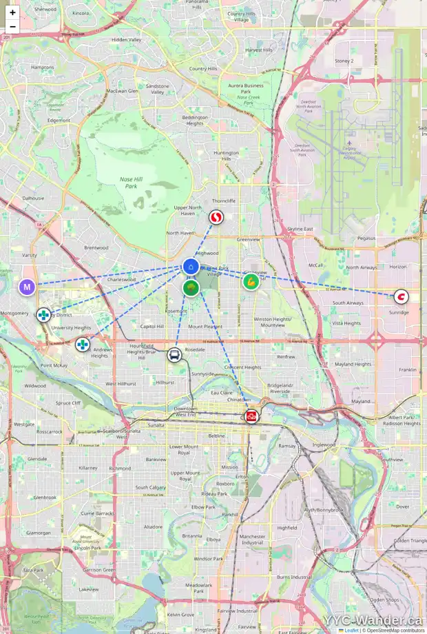 Daily accessibility map for 1024 39 AV NW, Calgary showing nearby schools, grocery stores, parks, LRT stations and nearby amenities