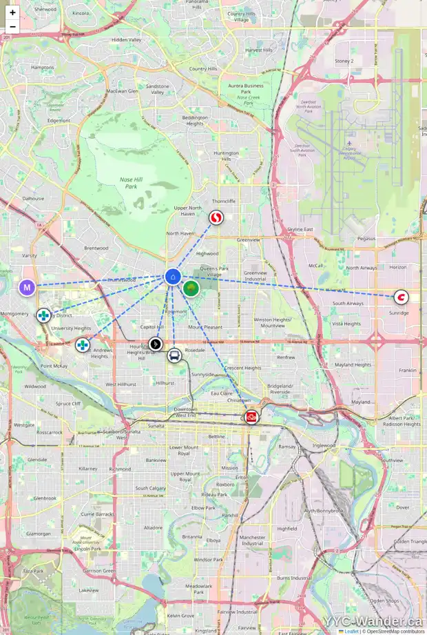 Daily accessibility map for 37 CADOGAN RD NW, Calgary showing nearby schools, grocery stores, parks, LRT stations and nearby amenities